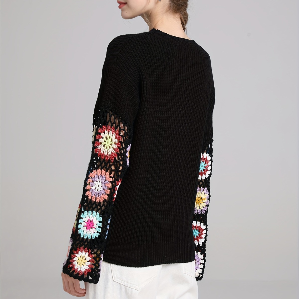 Women's Crochet Flared-Sleeve Pullover Sweater with Hollow-Out Colorblock Design