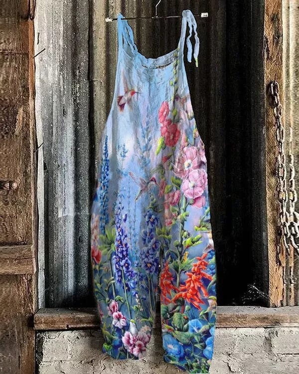 Women's Printed Cotton-Linen Cami Jumpsuit Sleeveless Wide-Leg Beach Romper