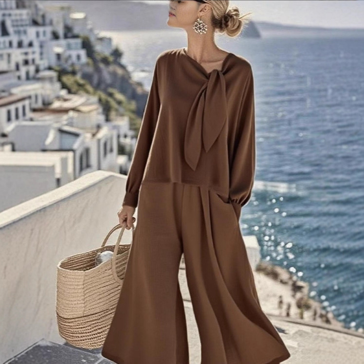Women's Solid Color Long Sleeve Top and Pants Two-Piece Set