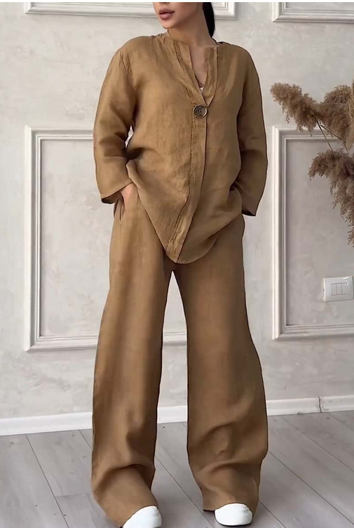 Women's Solid Color Cotton-Linen Casual Pant Set Long Sleeve