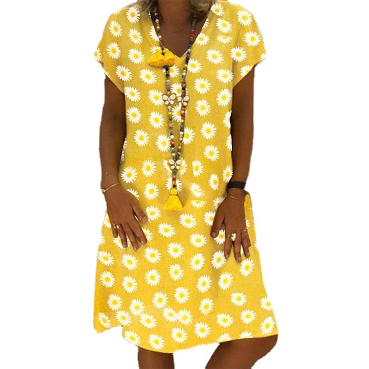 Women's V-Neck Floral Print Dress Short Sleeve Summer