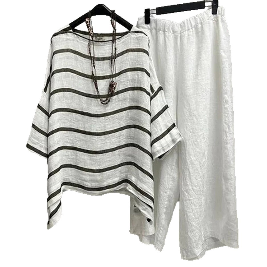 Striped Round Neck Five-Sleeve T-Shirt and Pants Set Women