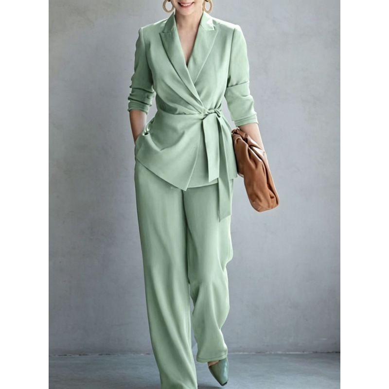 Women's Solid Color Blazer and Pants Set with Belt