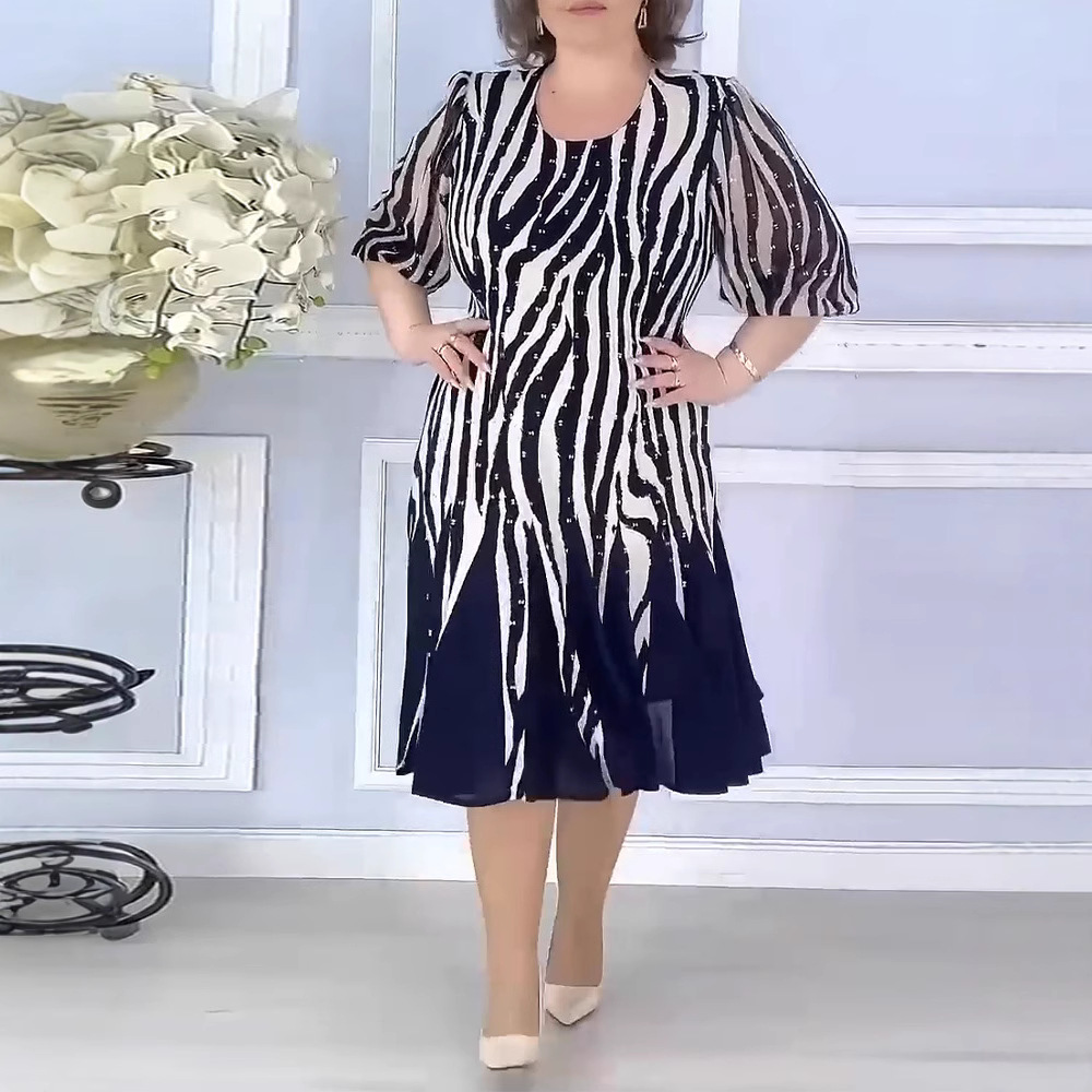 Elegant Striped Print Round Neck Midi Dress with Oversized Flare Skirt