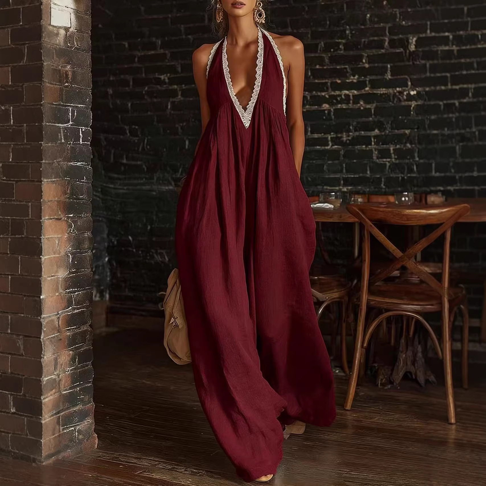 Women's Lace Trim Loose Linen Jumpsuit Casual Elegant