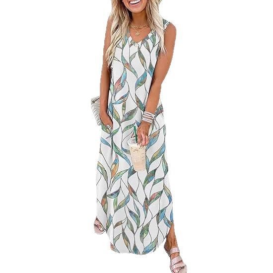 Women's Sleeveless V-Neck Maxi Dress with Pockets for Beach Vacation