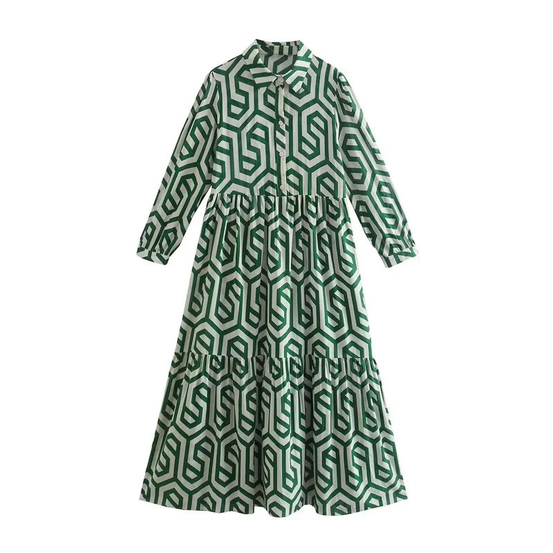 Women's Long Sleeve Polo Collar Green Geometric Print Shirt Dress