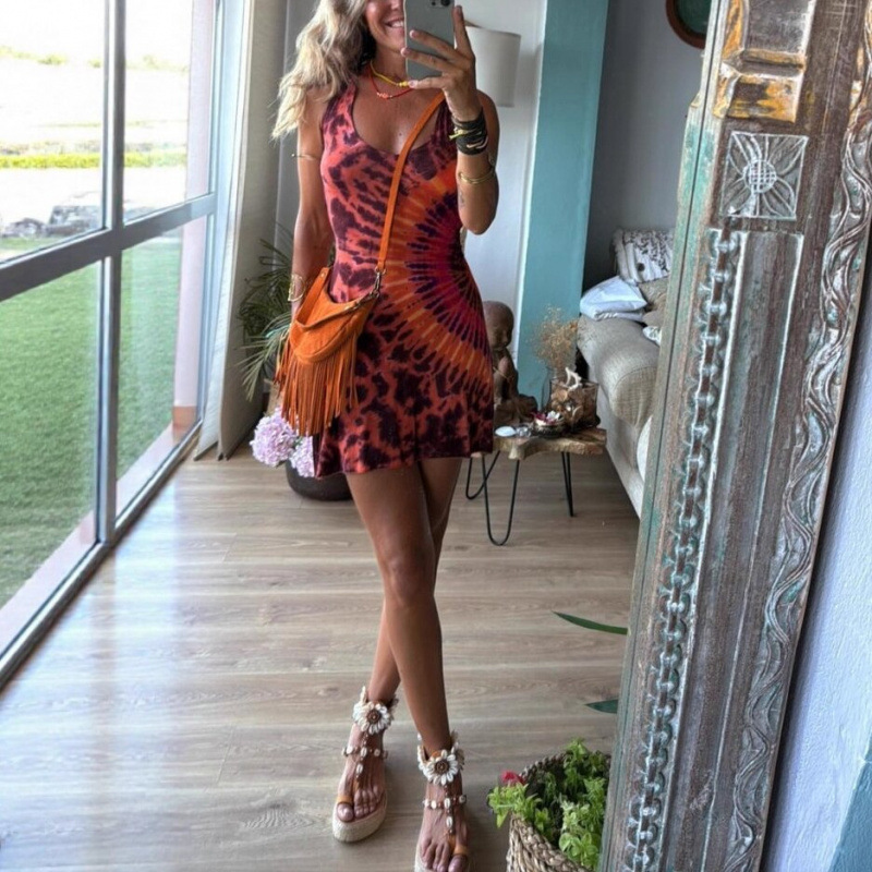 Sexy Printed Cami Cross A-Line Mini Dress