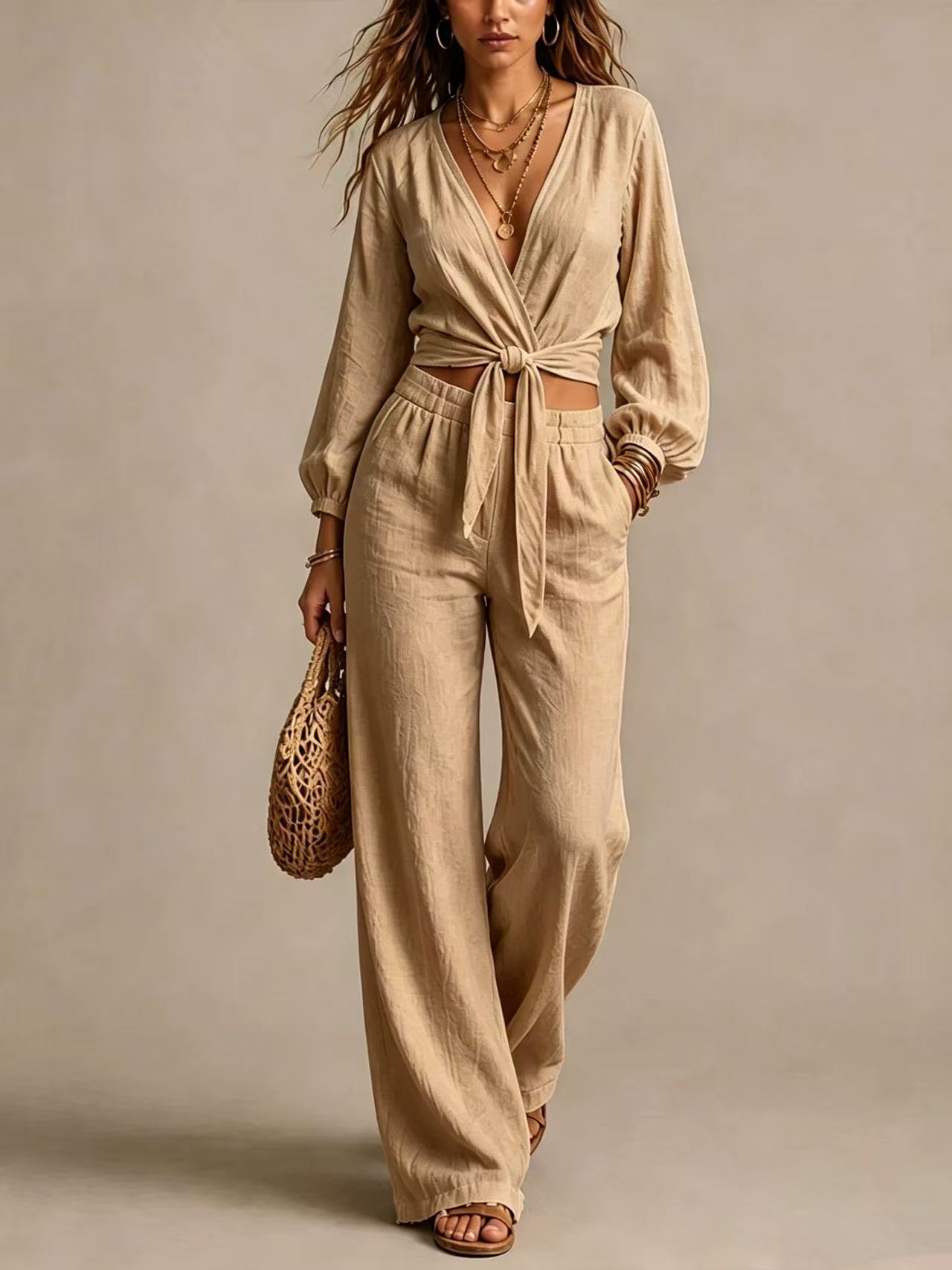 Women's V-Neck Tie-Waist Casual Pant Set