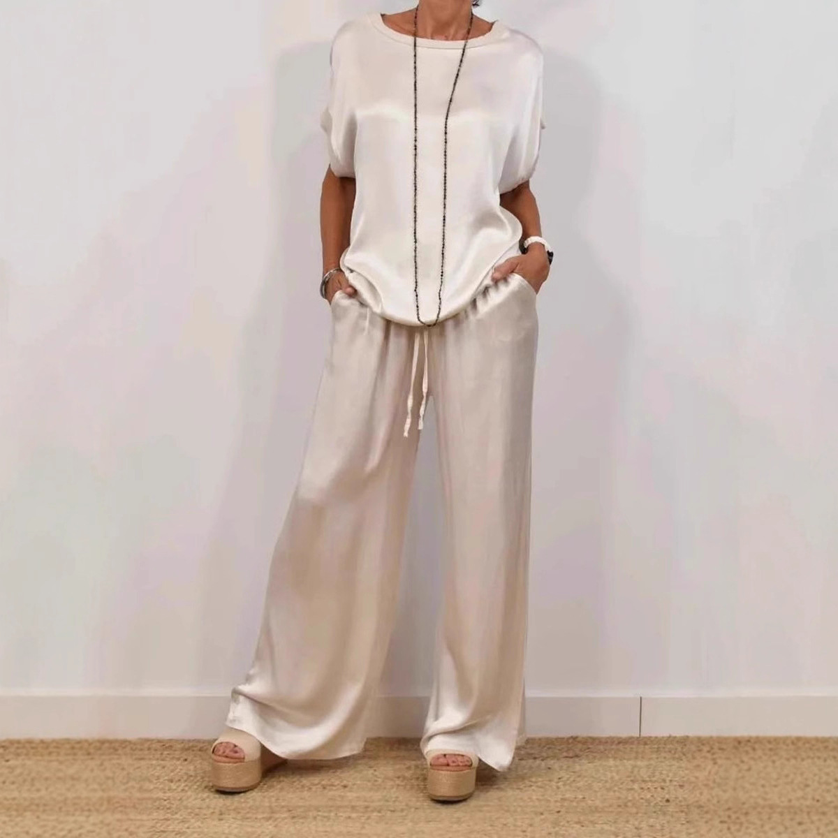 Relaxed-Fit Shirt and Wide-Leg Pants Casual Set