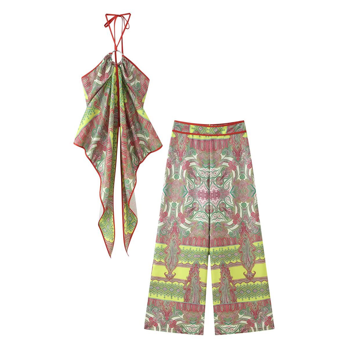 Women's Halter Jellyfish Fringe Top & Wide-Leg Pants Set