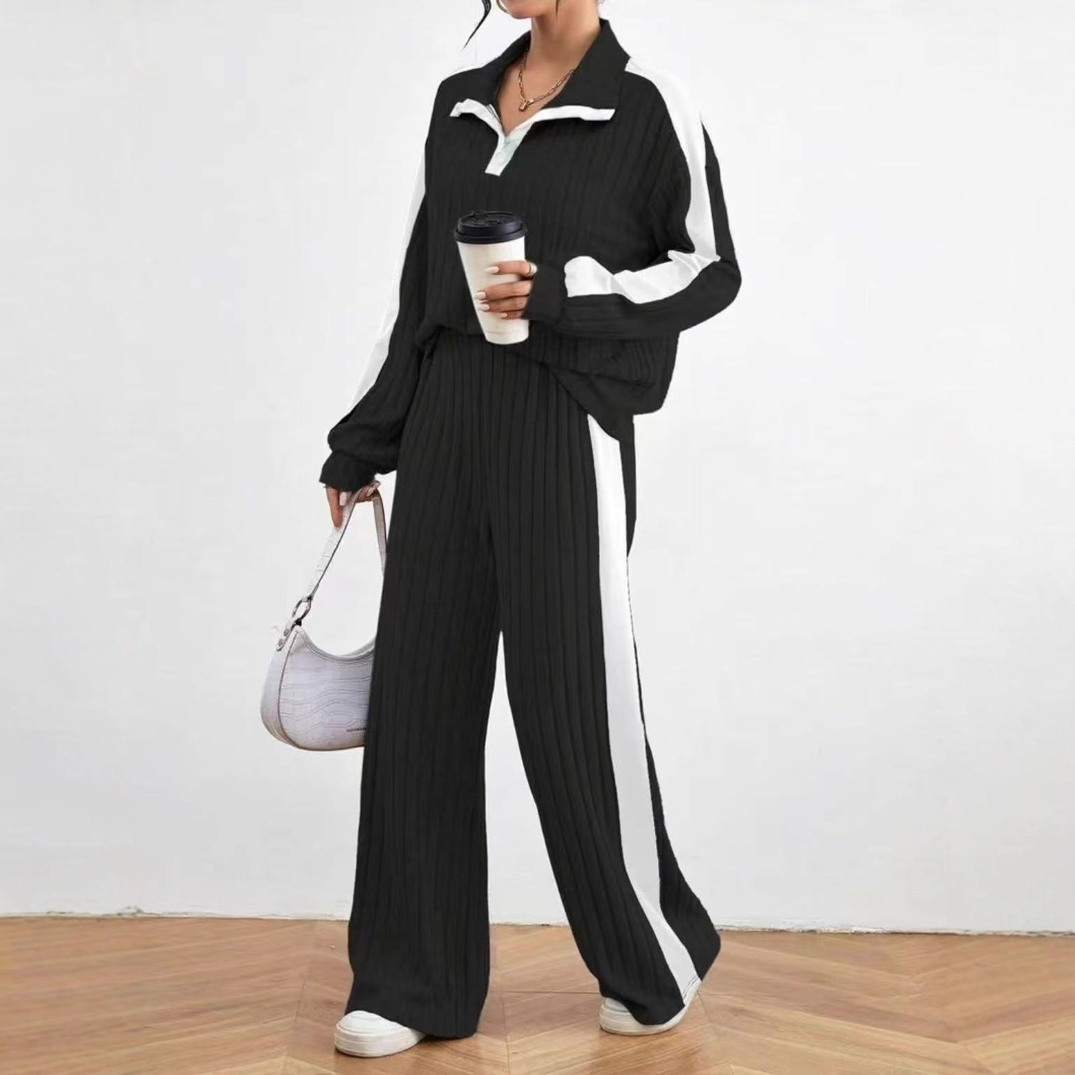 Colorblock Zip-Up Collar Top & Wide-Leg Pants Set