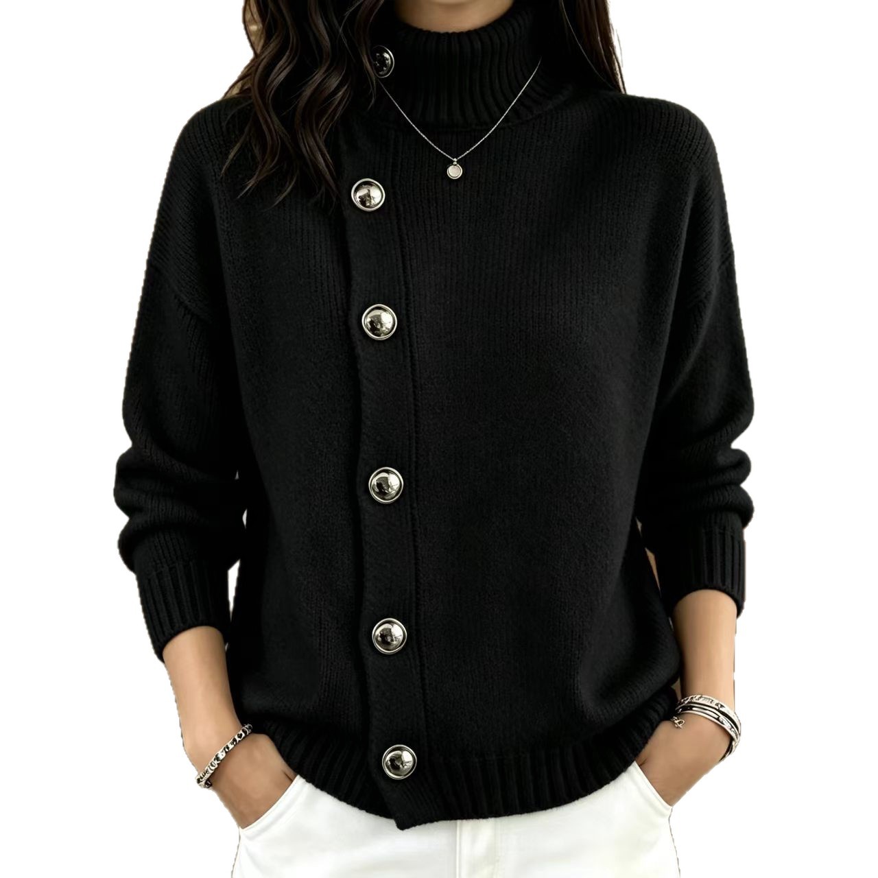 Metal Button Solid Color Loose Turtleneck Sweater