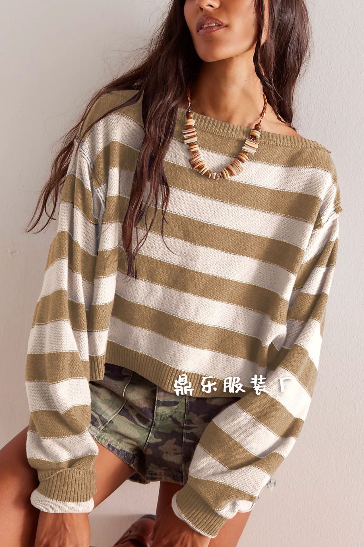 Striped Cropped Knit Sweater Off-Shoulder Bell Sleeve Loose Fit