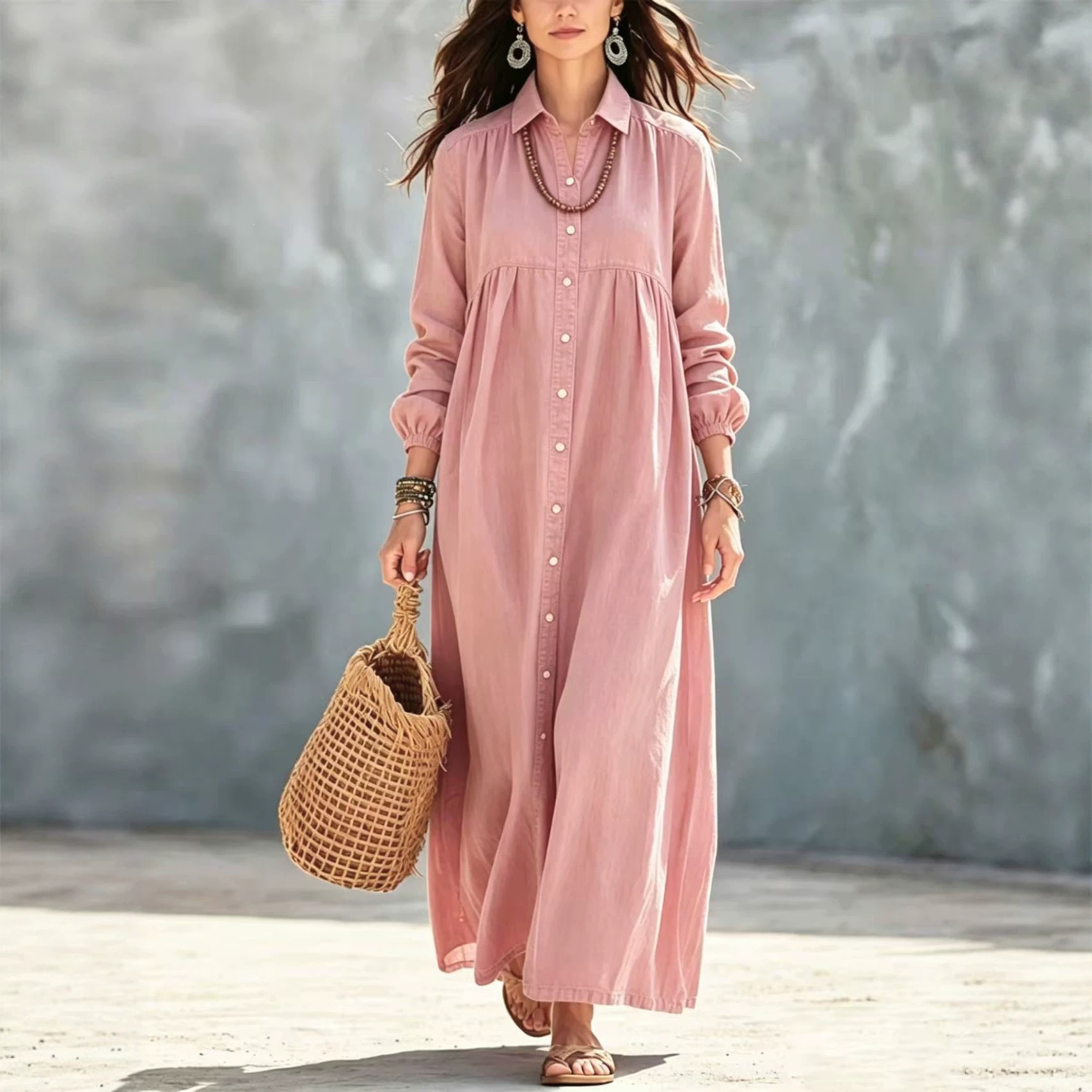 Solid Shirt Dress with Collar and Buttons Long Sleeve Loose Fit Midi