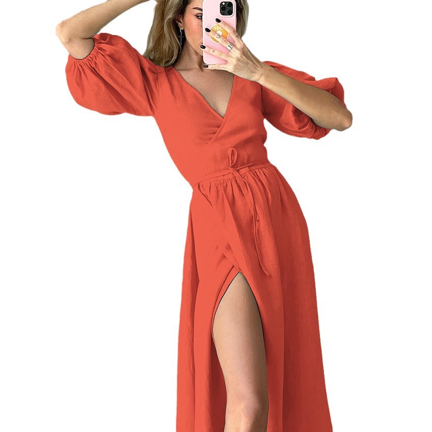 Tie-Front Cotton Puff-Sleeve V-Neck A-Line Midi Dress