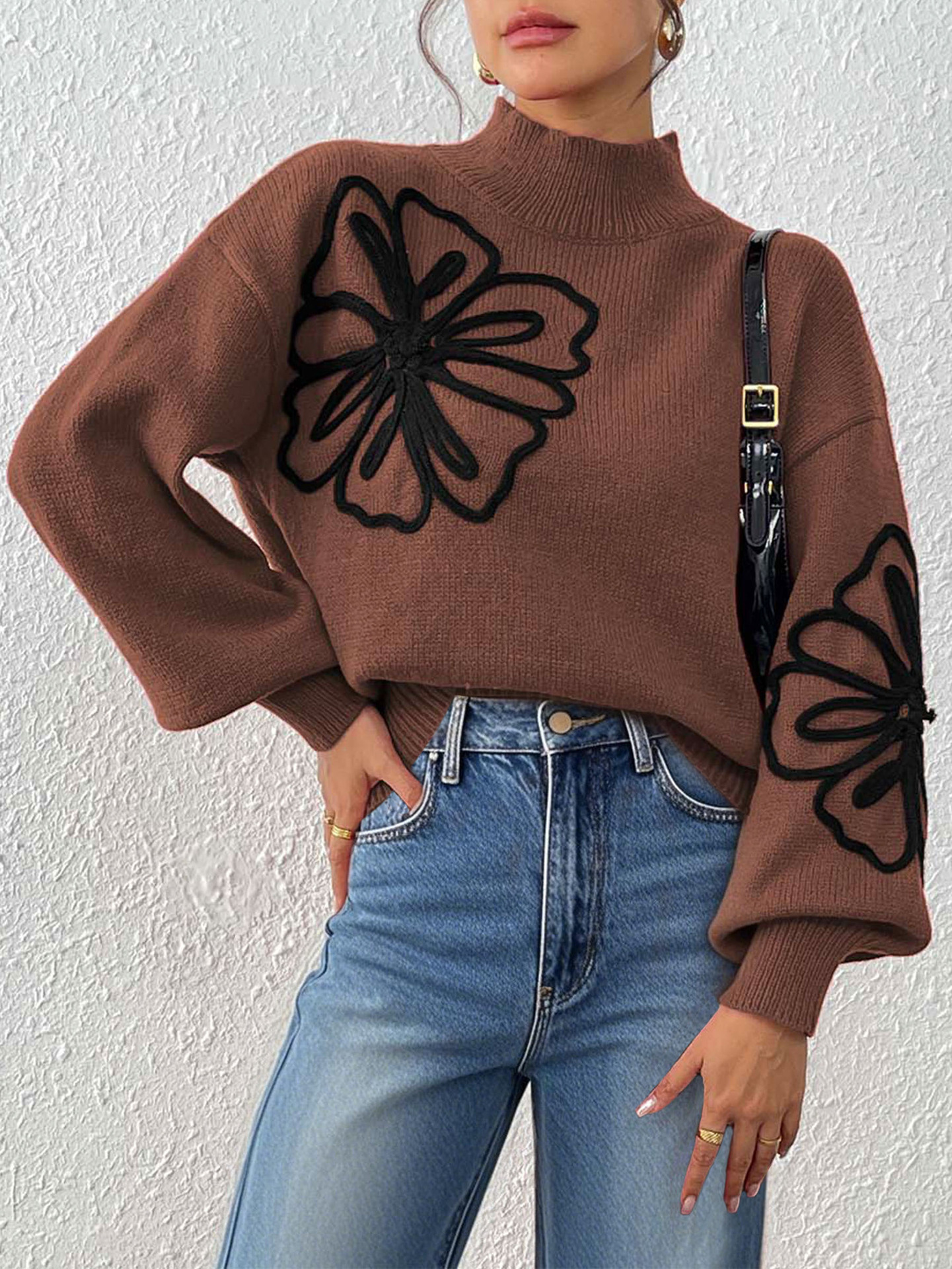 Women's 3D Ribbon Embroidered Floral Mock Neck Lantern Sleeve Pullover Sweater