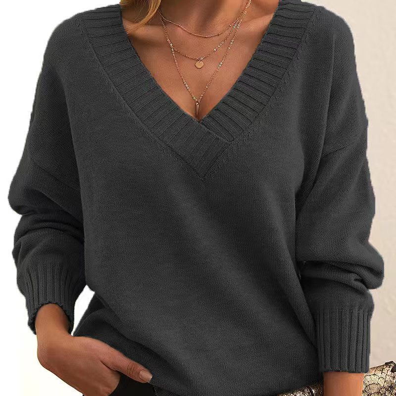 Women's Loose V-Neck Pullover Sweater Casual Knit Top