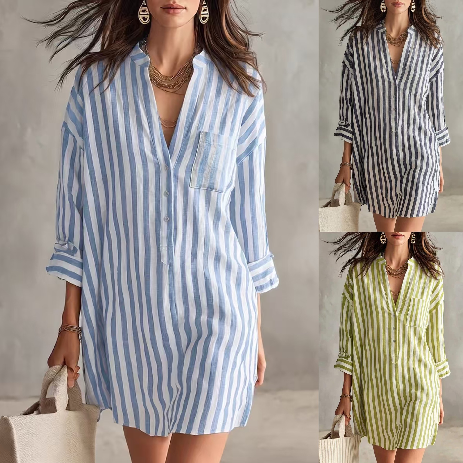 V-Neck Striped Shirt Dress Casual High Waist Midi