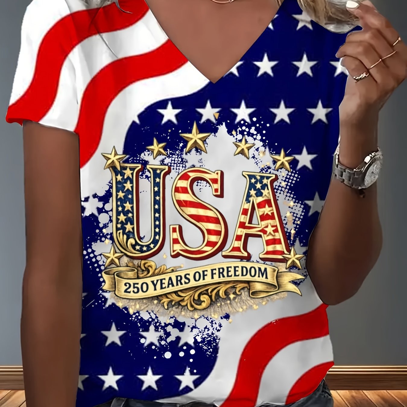 Women's V-Neck Short-Sleeve Gold Foil Rose Butterfly Print Top