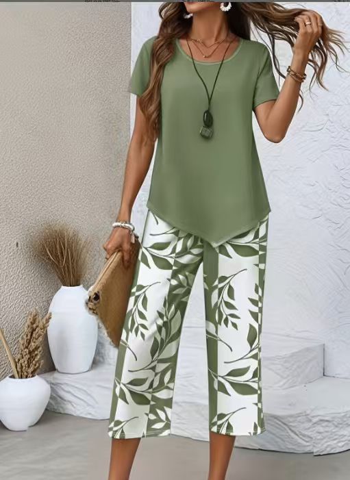 Women's Short Sleeve High Waist Wide Leg Pants Two-Piece Set