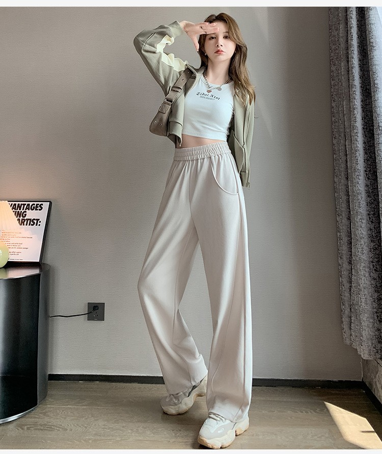 Women's High-Waist Straight-Leg Casual Pants with Pockets, Loose Fit, Solid Color