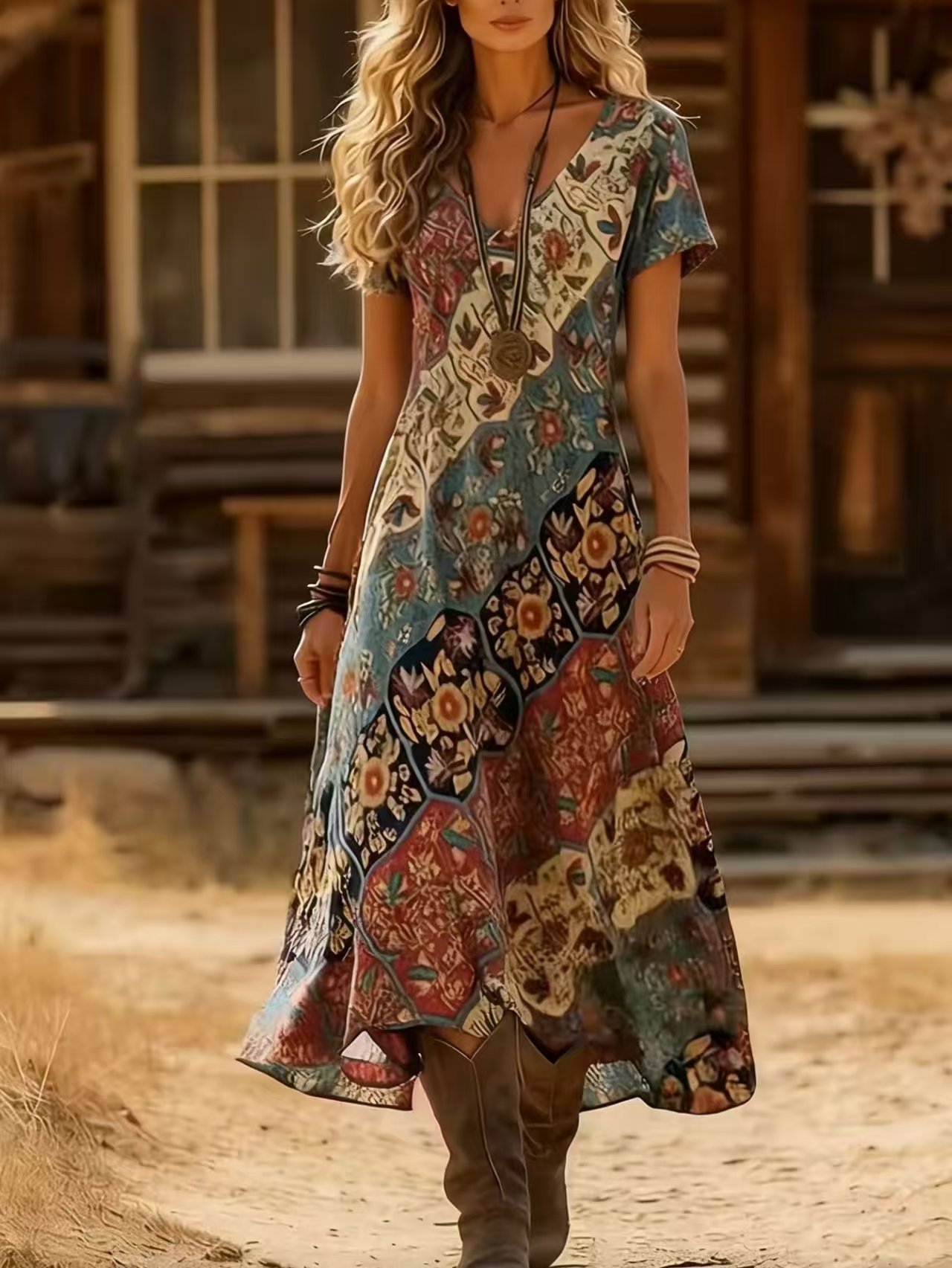 Women's Vintage Floral Print Short Sleeve Midi Dress
