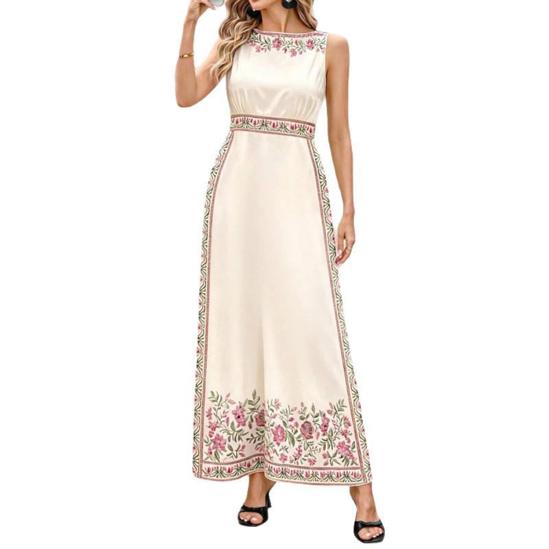 Women's Sleeveless Round Neck A-Line Midi Dress Floral Print Loose Fit Apricot