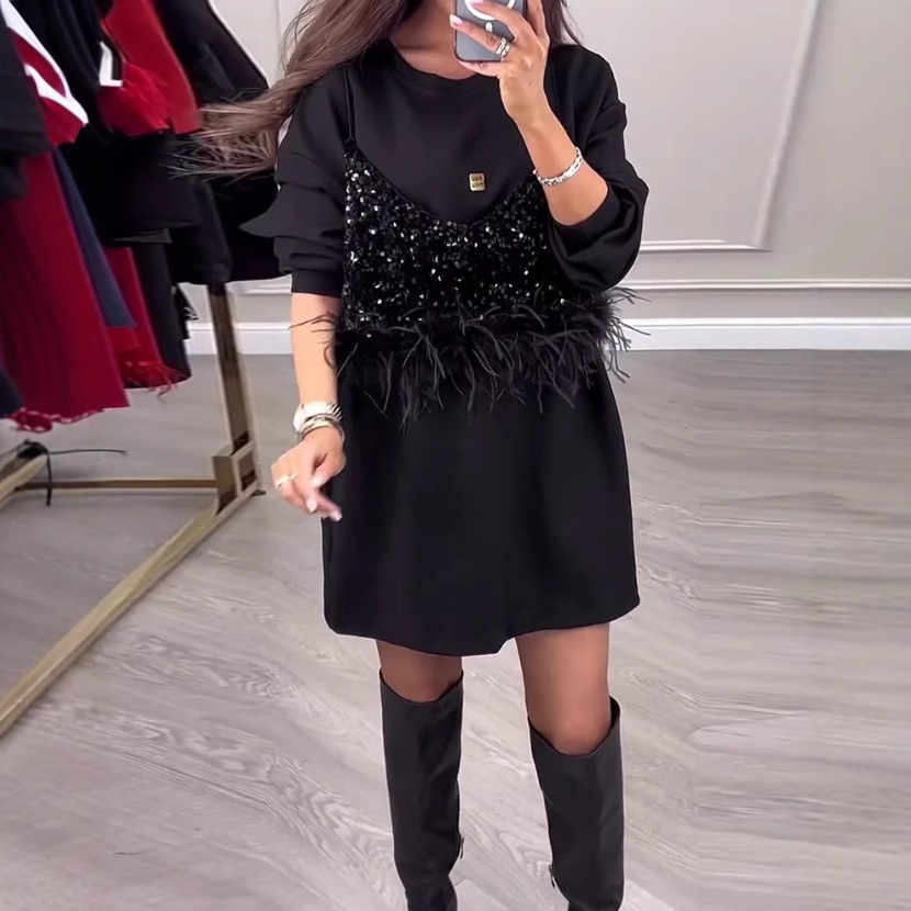 Women's Sequin Feather Patchwork Round Neck Midi Dress