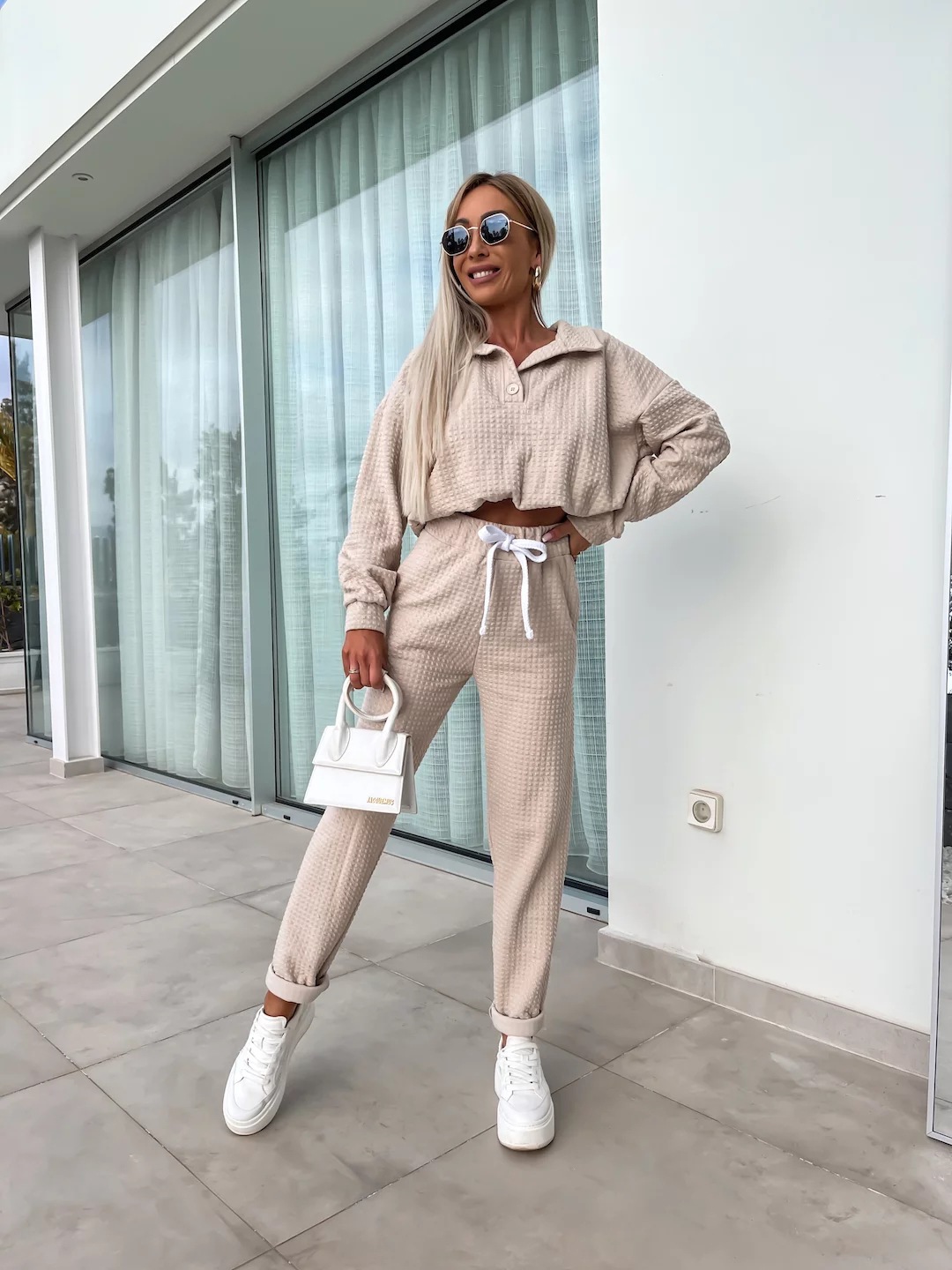 Relaxed Long-Sleeve Collared Kangaroo Pocket Hoodie & Drawstring Pants Set