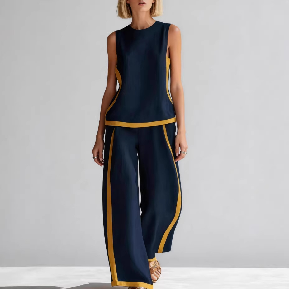 Sleeveless Colorblock Wide-Leg Pants Set Women's Summer Casual Two-Piece