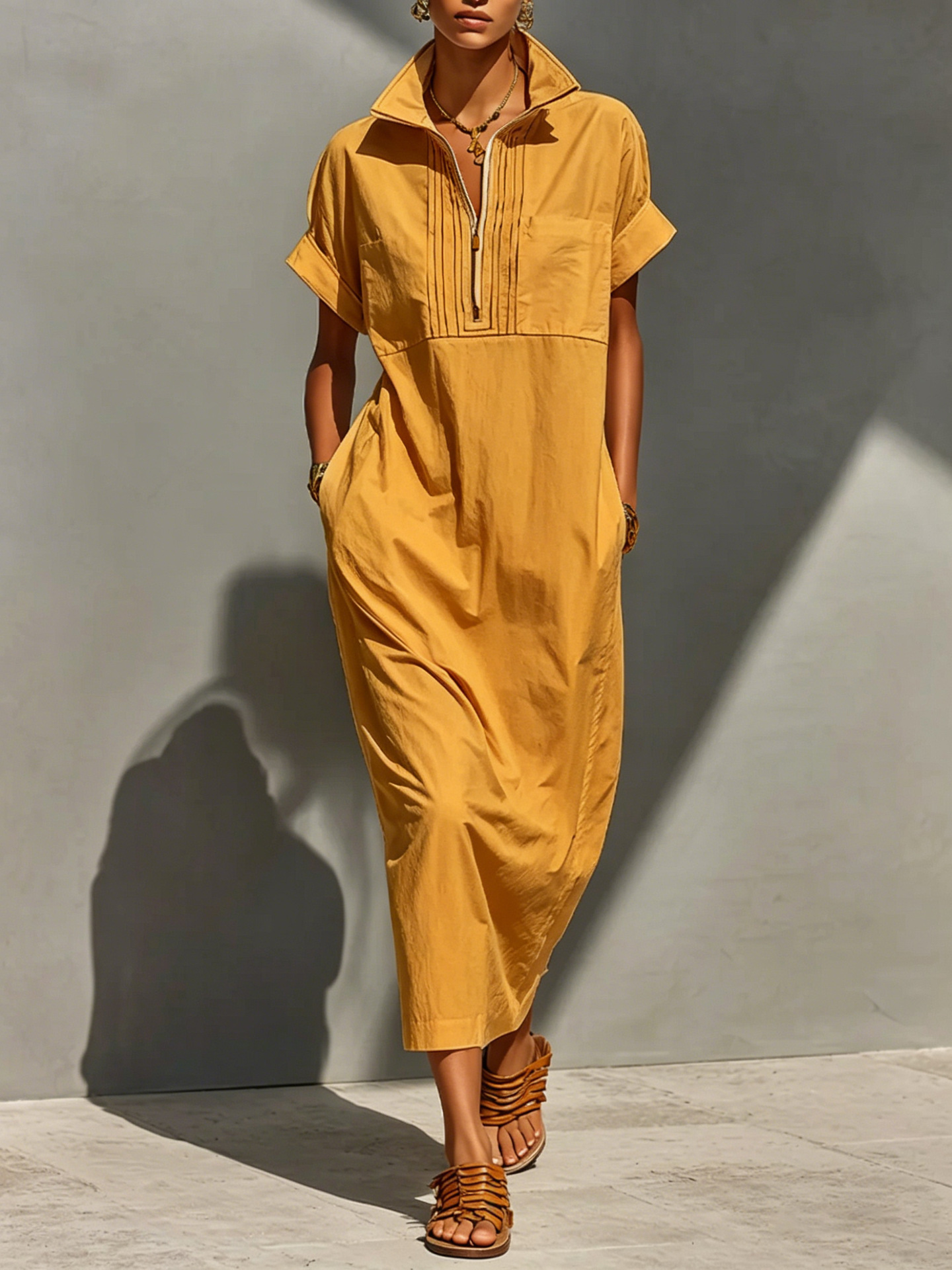 Women's Shirt-Style Jumpsuit with Stand Collar, Half Placket, Pockets, Loose Fit, Midi Length