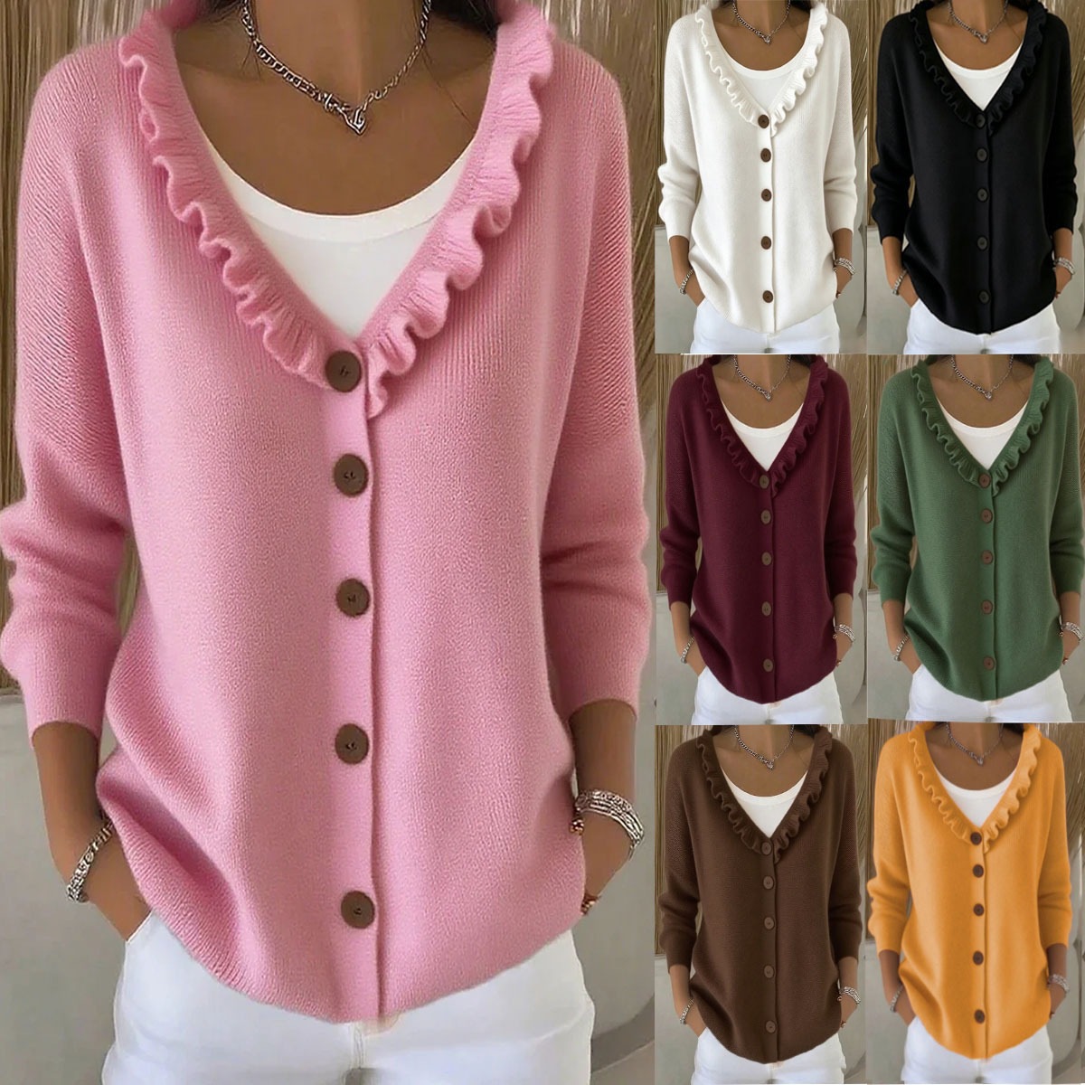 Ruffle Trim V-Neck Knit Cardigan Sweater