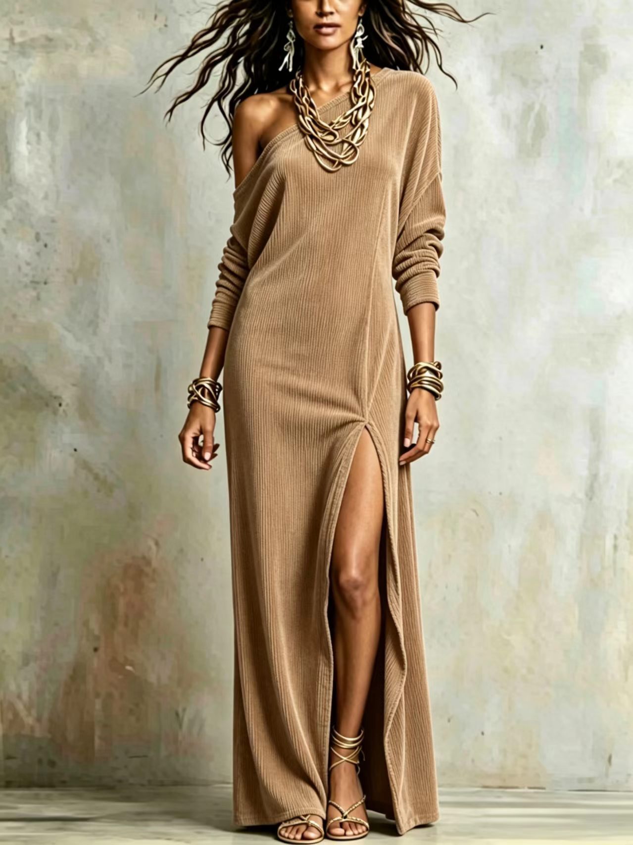 Women's One-Shoulder Corduroy Dress with Side Slit