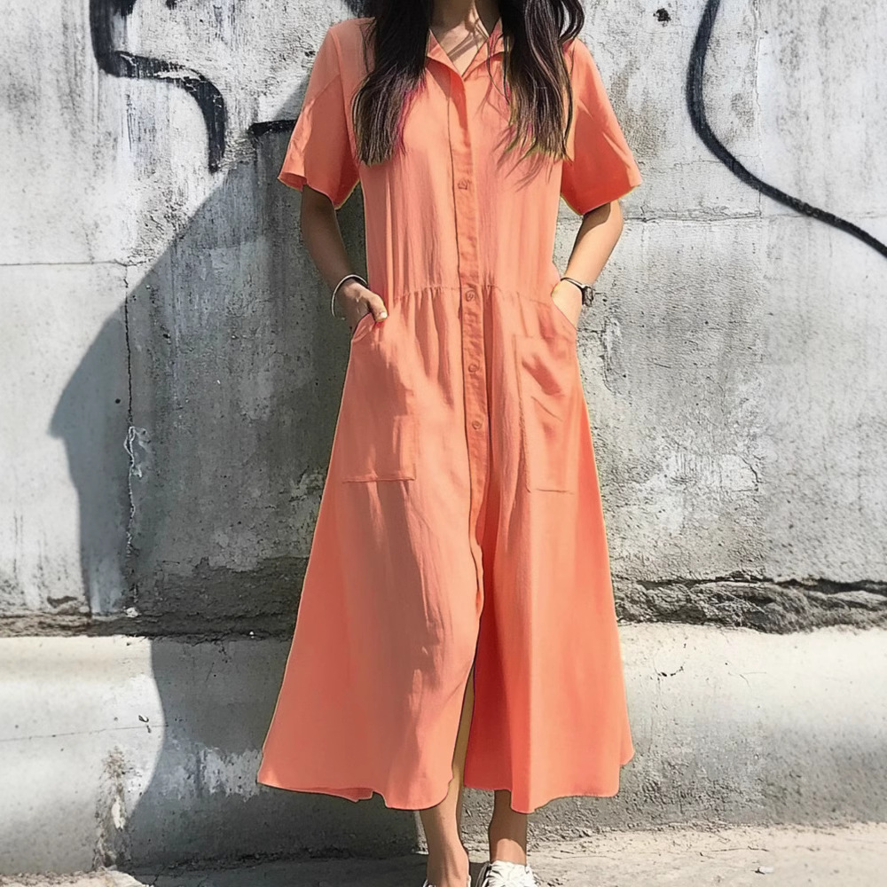 Women's Button-Front Short-Sleeve Casual Dress with Pockets