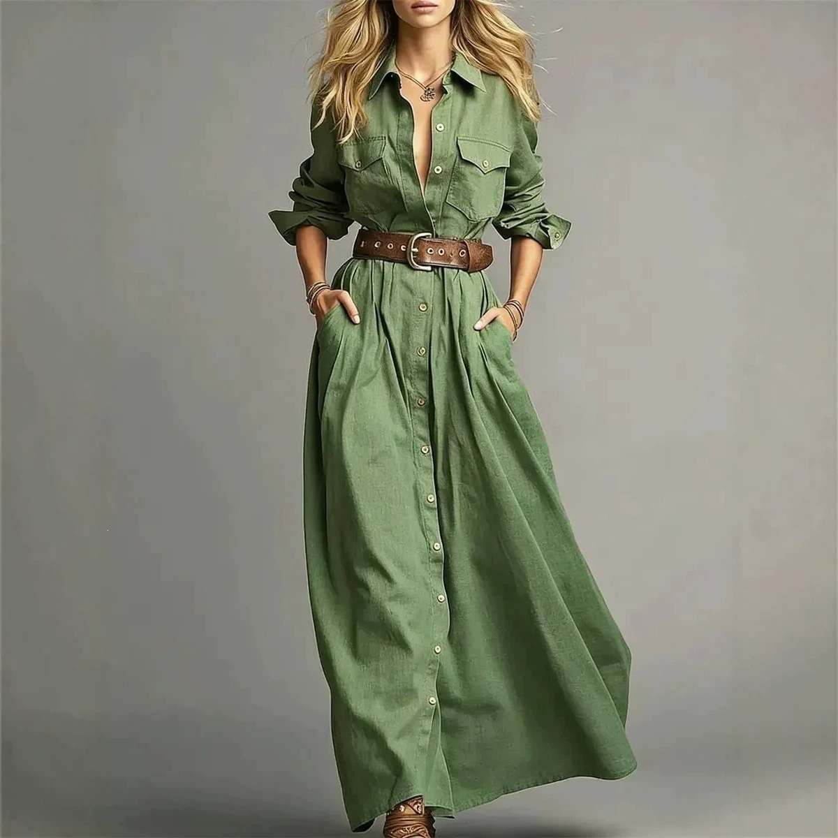 Women's Solid Color Long Sleeve Button-Front Shirt Dress