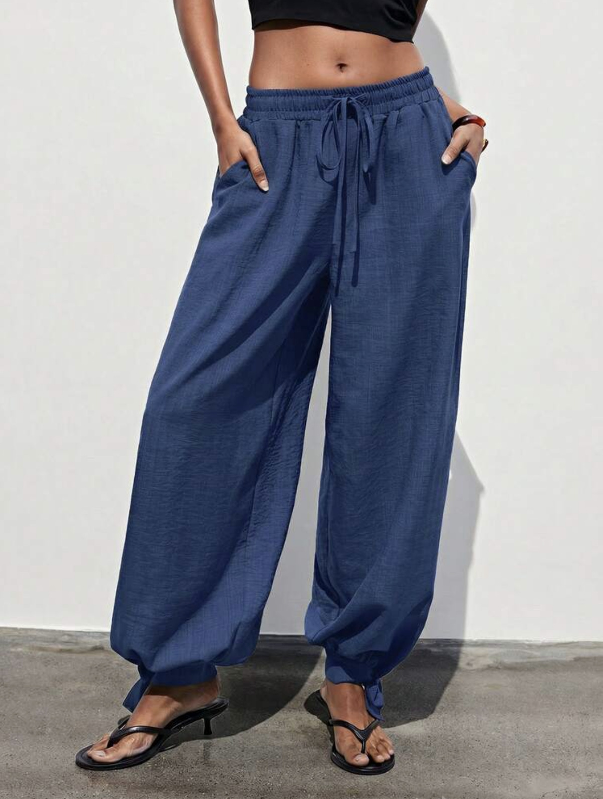 Women's Solid Drawstring Waist Harem Pants with Pockets