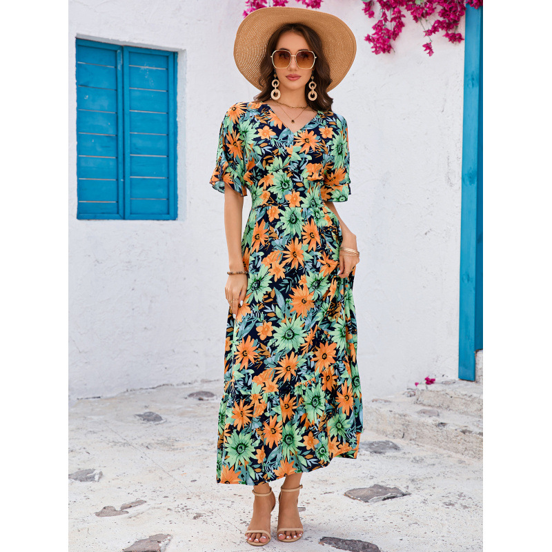 Boho Floral Print V-Neck Batwing Sleeve Ruffle Tiered Maxi Dress