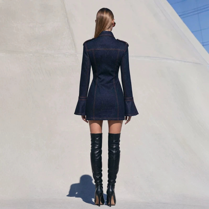 Retro Blue Denim Long-Sleeve Mini Shirt Dress