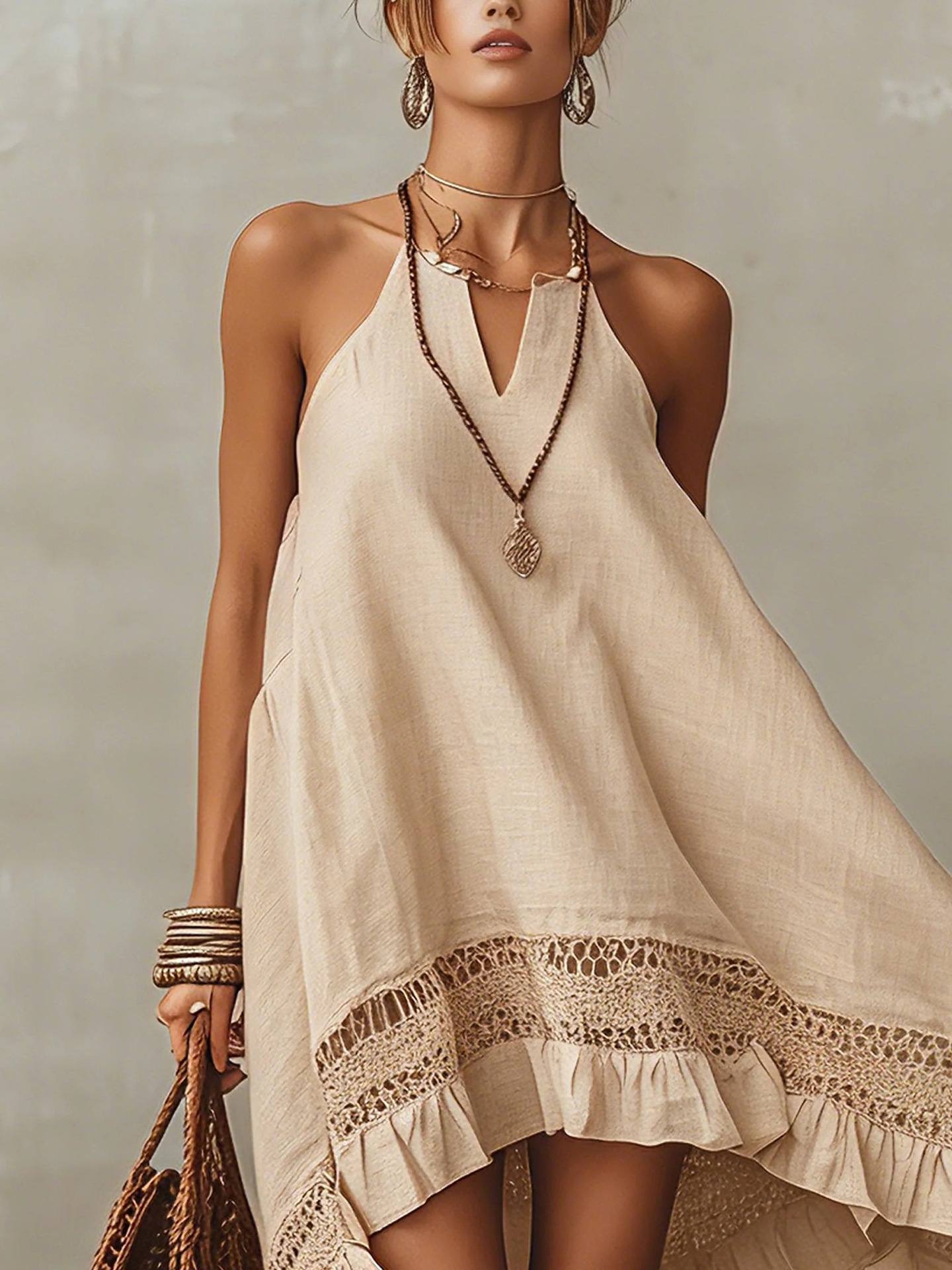 Bohemian Halter V-Neck Lace Crochet Panel Asymmetric Hem Cotton-Linen Mini Dress