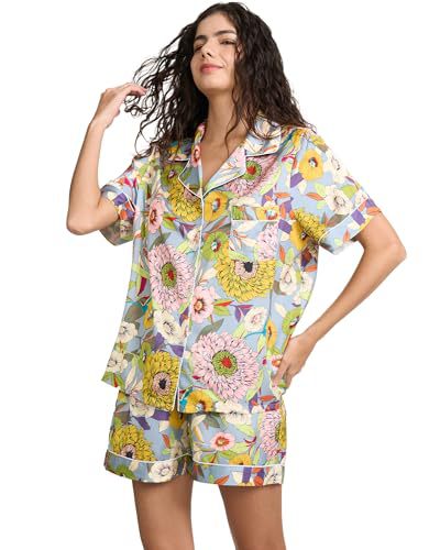 Women's Cuban Collar Zebra Floral Print Short Sleeve Shirt Set