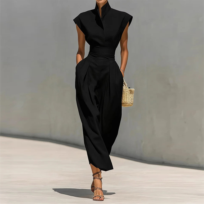 Elegant Stand Collar Solid Color Flutter Sleeve Dress