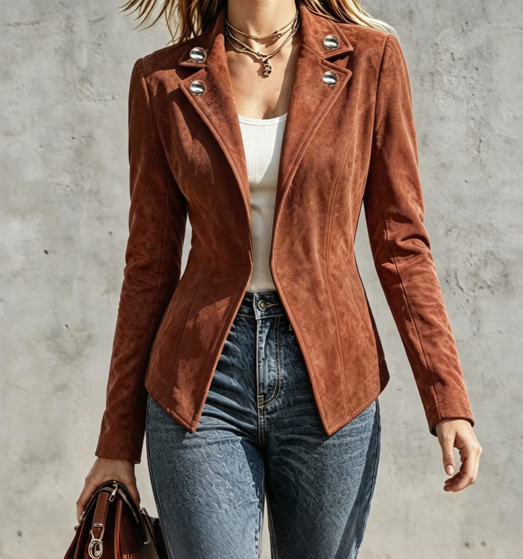 Women's Retro Faux Suede Slim Fit Button Lapel Long Sleeve Jacket