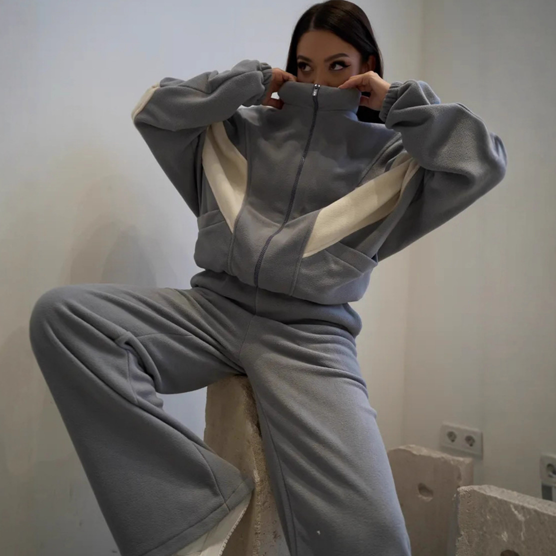 Women's Fleece Colorblock Zip-Up Hoodie and Wide-Leg Pants Set