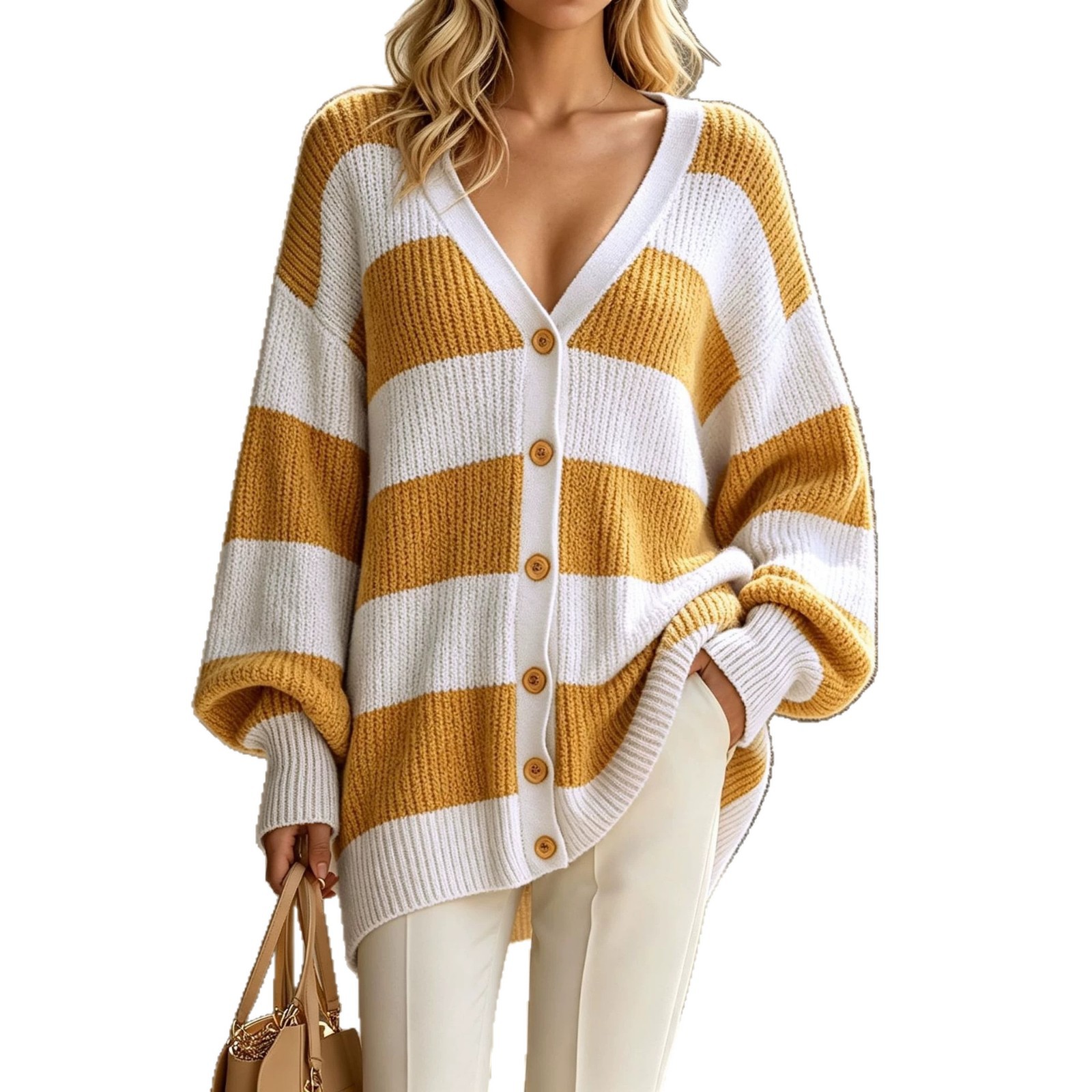 Women's Striped Knit Button-Front Cardigan Sweater