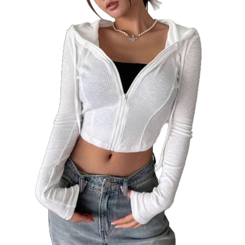 Women's Slim Fit Zip-Up Hooded Cardigan Knit Top