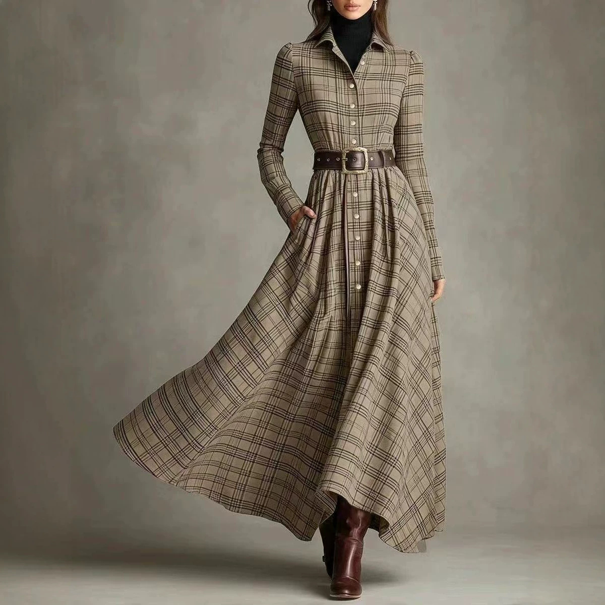 Plaid Collared Button-Front Shirt Dress with Pockets and Elastic Waist