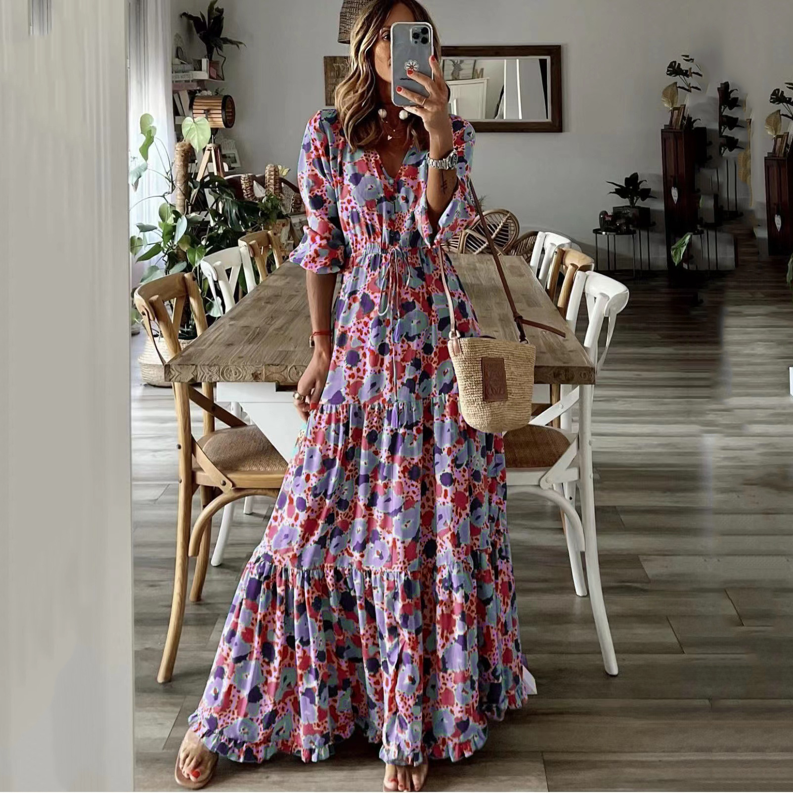 Bohemian V-Neck Floral Print Maxi Dress with Lantern Sleeves