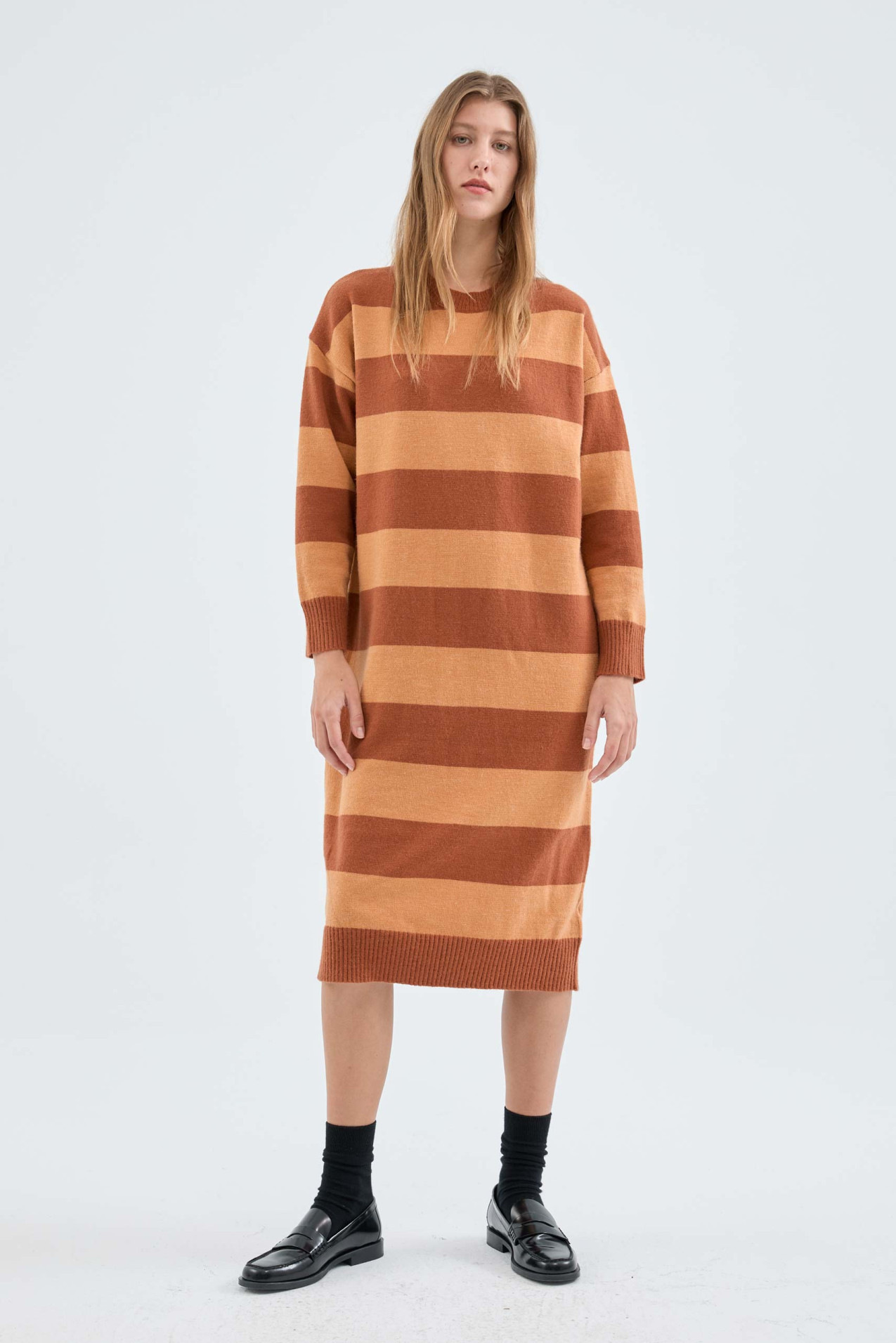 Striped Sweater Dress Round Neck Long Sleeve Loose Fit