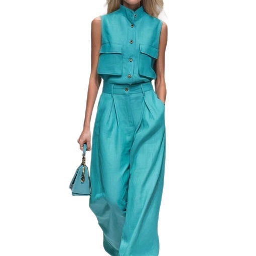 Women's Sleeveless Vest and Wide-Leg Pants Set Solid Color Two-Piece
